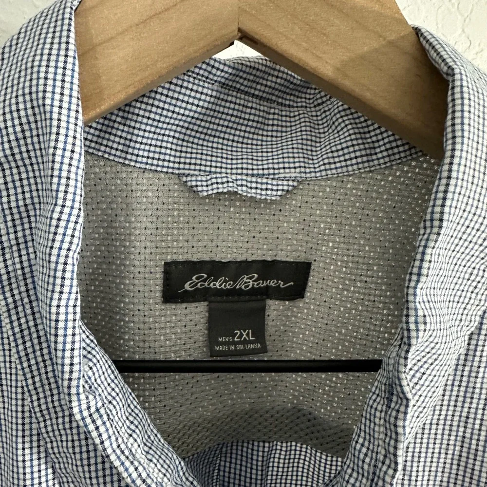Eddie Bauer Tattersall Check Plaid Casual Button Down‎ Shirt Top Blue 2XL Work